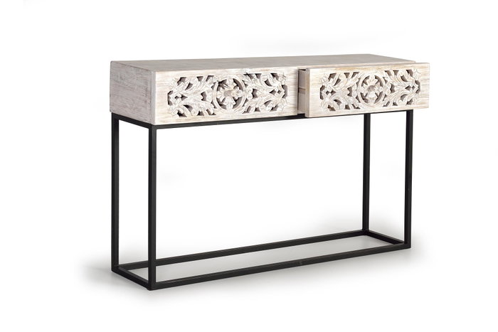 GINER Y COLOMER Console en Bois de Mango avec Patins Métal, Finition Blanc Vieilli et Noir - 120 cm de Large, 77 cm de Haut, 30 cm de Profondeur